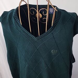 Vintage Diamond Pattern IZOD Preppy Hunter Green V Neck Sweater Vest Size M